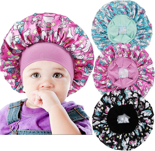 3 PCS Satin Baby Bonnets for Curly Hair,Baby Silk Bonnet for Sleeping for Girls Boys, D-Unicorn-Black,Pink,Blue, XS